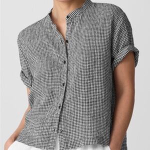 Eileen Fisher Black and dark grey Button Down Shirt with Mandarin Collar